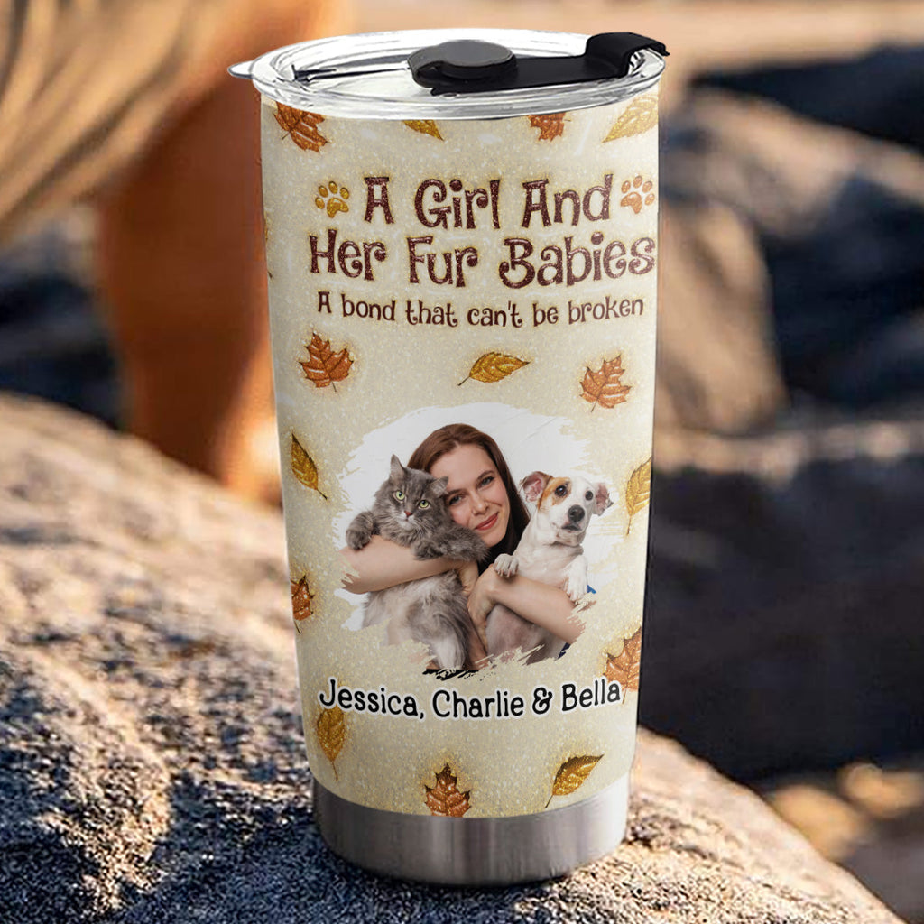 Custom Photo Christmas Birthday Gifts For Pet Mom, Pet Lovers • A Girl And Her Fur Babies Autumn Photo - Personalized 3D Inflated Effect Tumbler