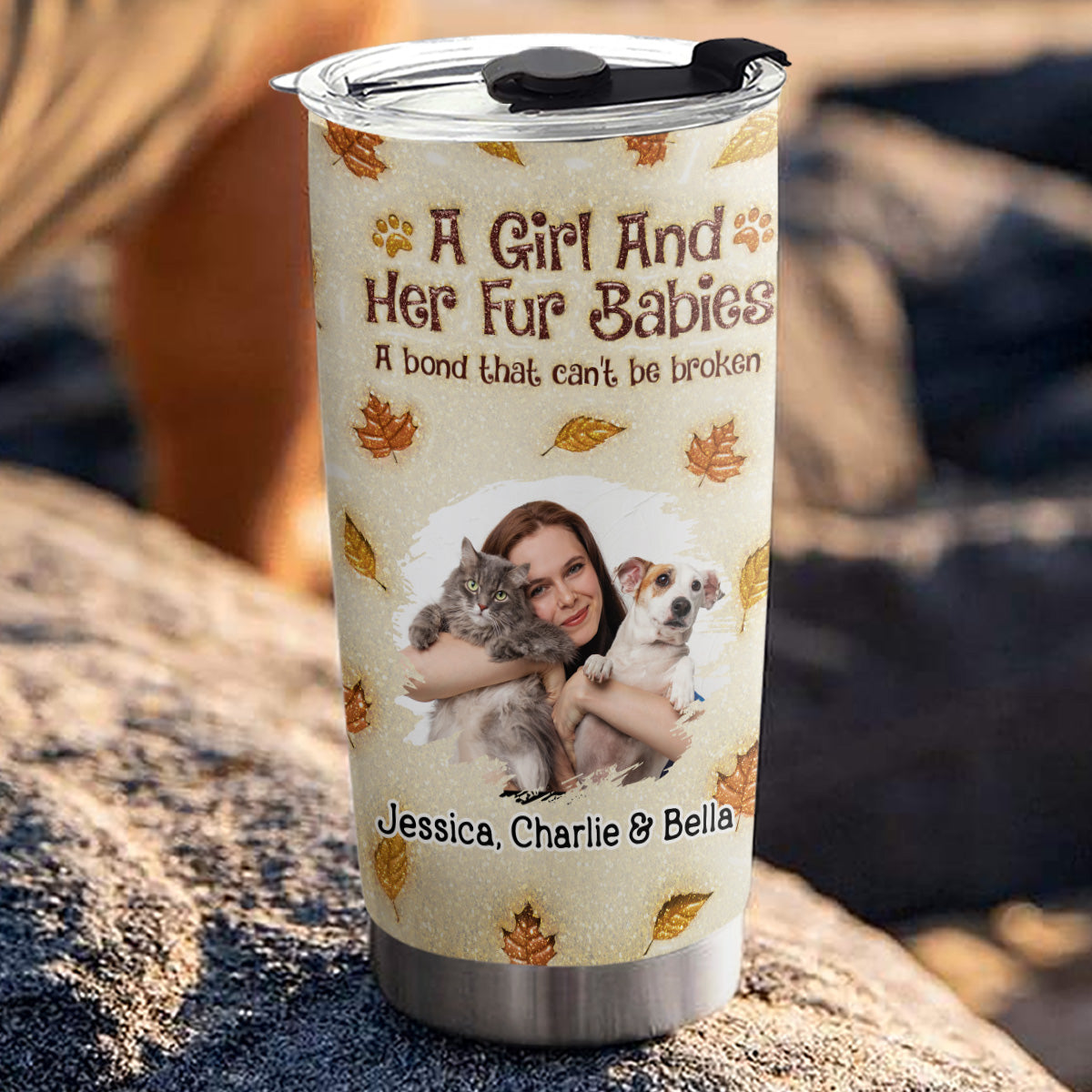Custom Photo Christmas Birthday Gifts For Pet Mom, Pet Lovers • A Girl And Her Fur Babies Autumn Photo - Personalized 3D Inflated Effect Tumbler