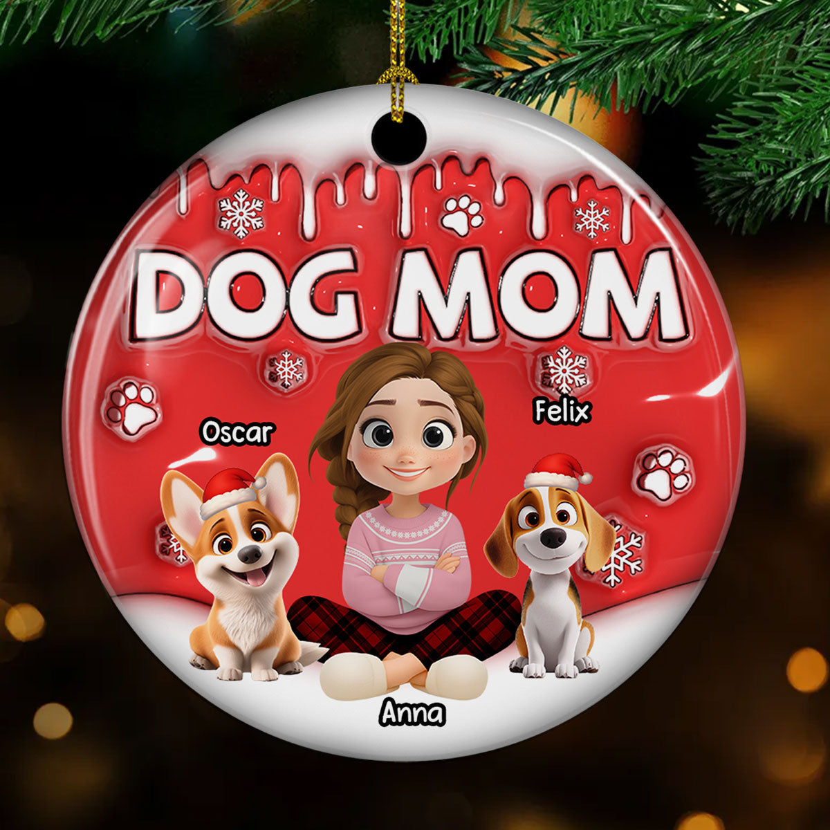 Custom Christmas Decor Home Birthday Gifts For Dog Mom, Dog Lovers • Dog Mom Cartoon In Christmas - Personalized 3D Inflated Effect Ceramic Ornament