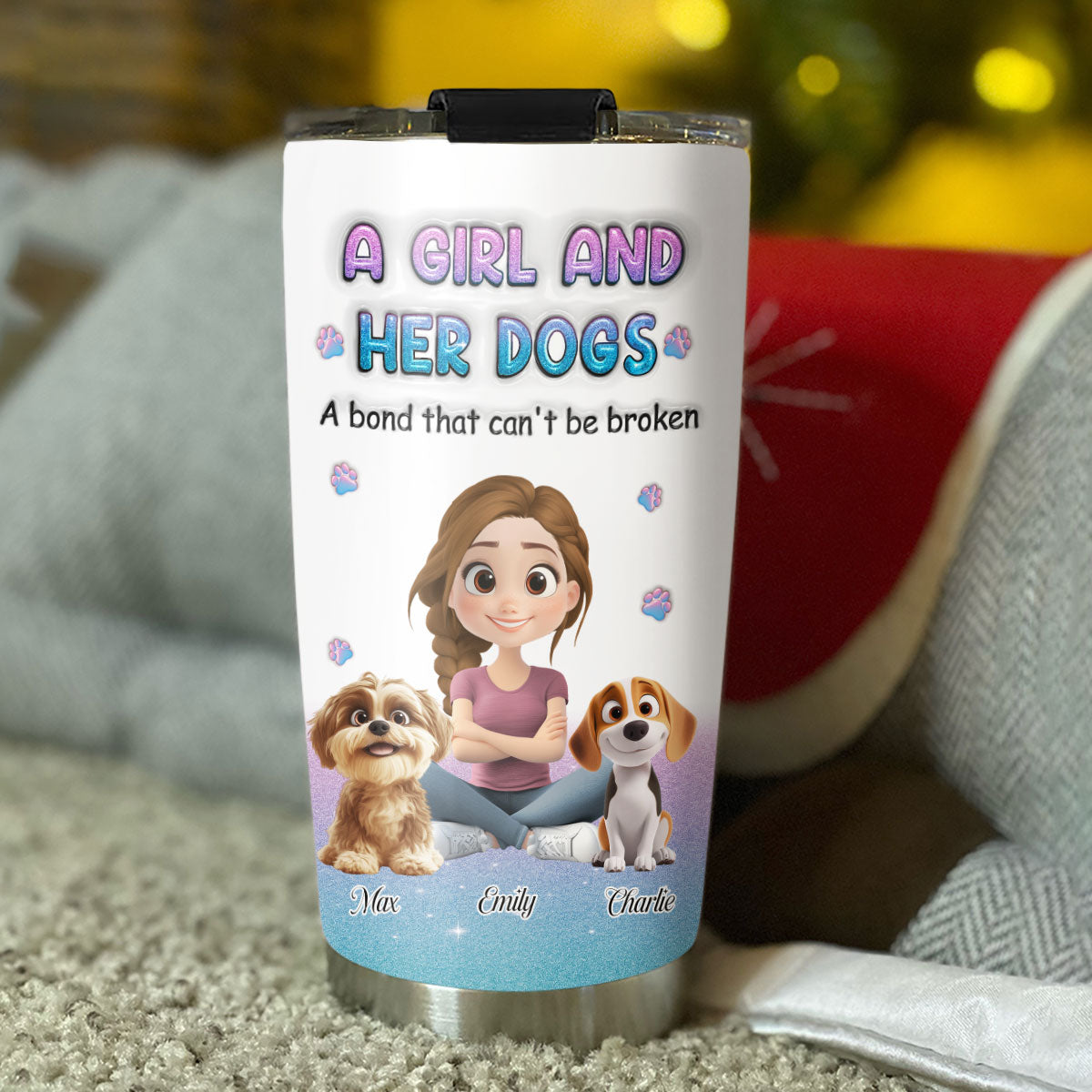 Custom Christmas Birthday Gifts For Dog Mom, Dog Lovers • Blue Glitter - Personalized 3D Inflated Tumbler