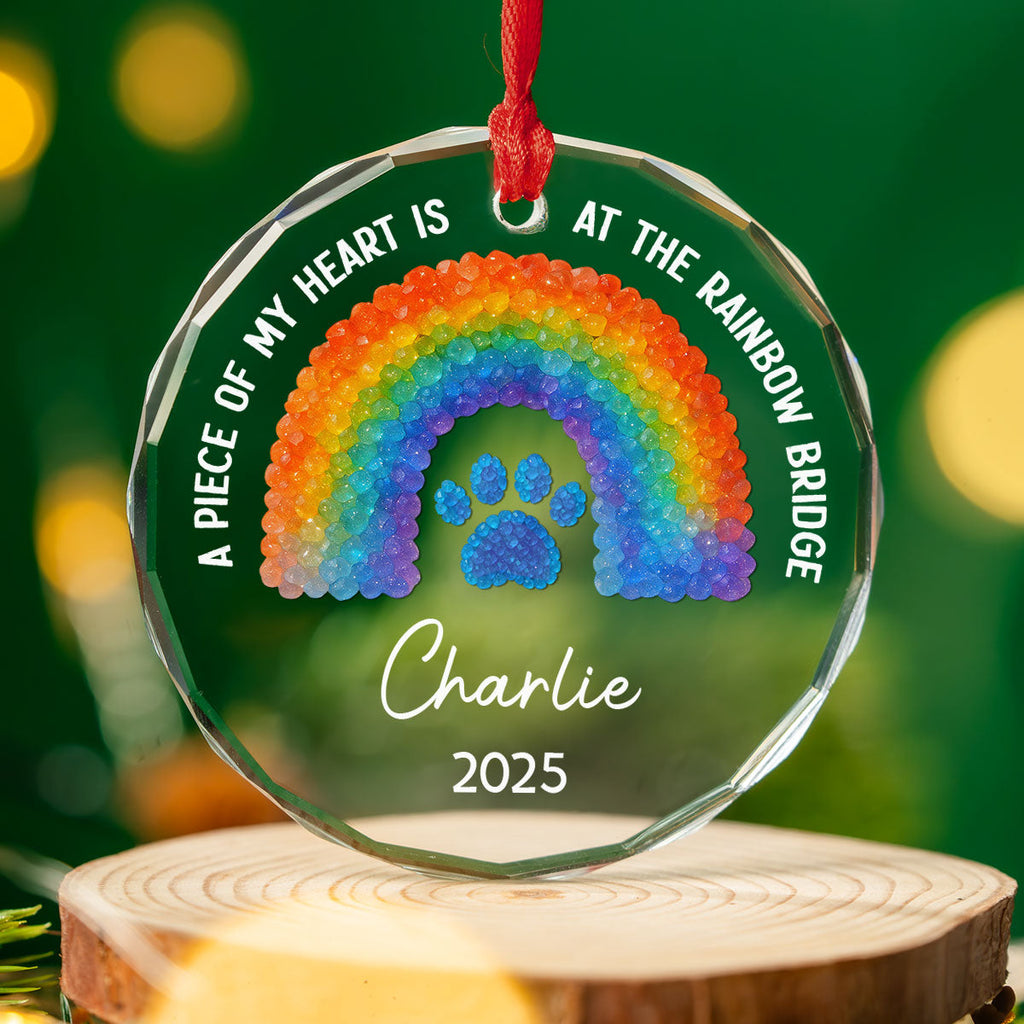 Custom Christmas Memorial Sympathy Gifts For Dogs, Cats • At Rainbow Bridge - Personalized Glass Ornament