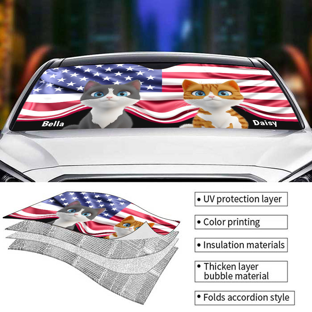 Custom Christmas Birthday Gifts Car Accessories for Cat Parents • Proud American Cats - Personalized Car Sunshade
