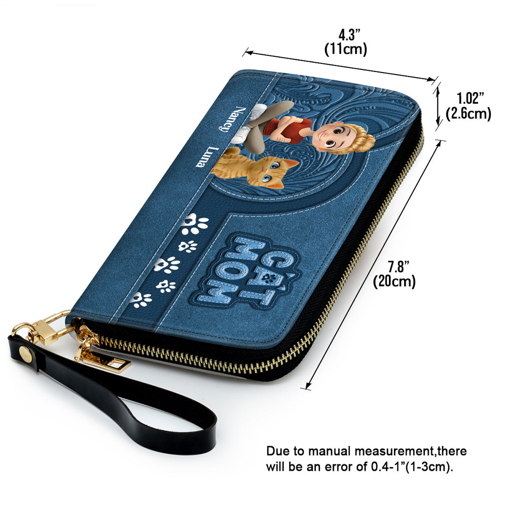 Chibi Cartoon Cat Mom - Personalized Leather Wallet