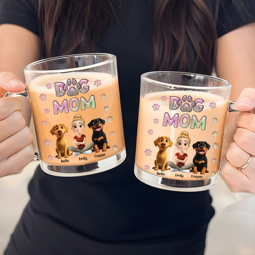 Custom Christmas Birthday Gifts For Dog Mom, Dog Lovers • Dog Mom Lovely Chibi - Personalized 3D Inflated Effect Glass Mug