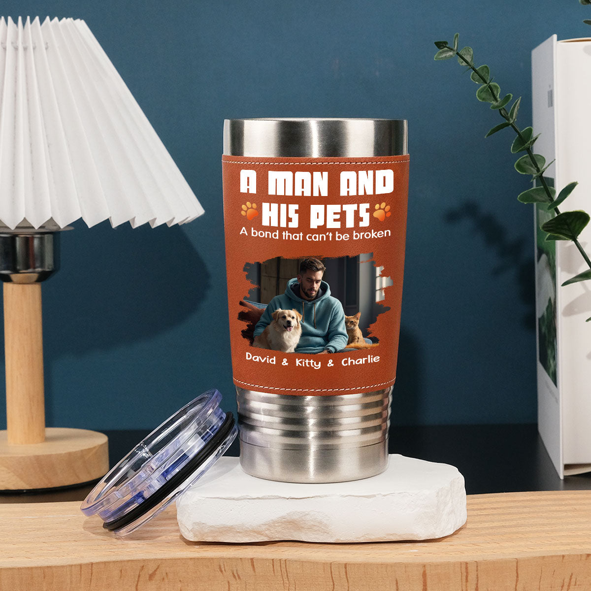 Custom Photo Christmas Birthday Gifts For Pet Lovers • Human And Their Pet Cartoon Christmas Photo - Personalized Leather Tumbler