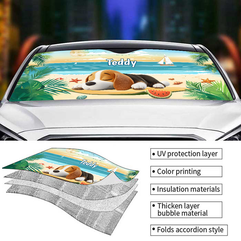 Custom Christmas Birthday Gifts Car Accessories for Dog Parents • Dog Relax On Beach - Personalized Car Sunshade