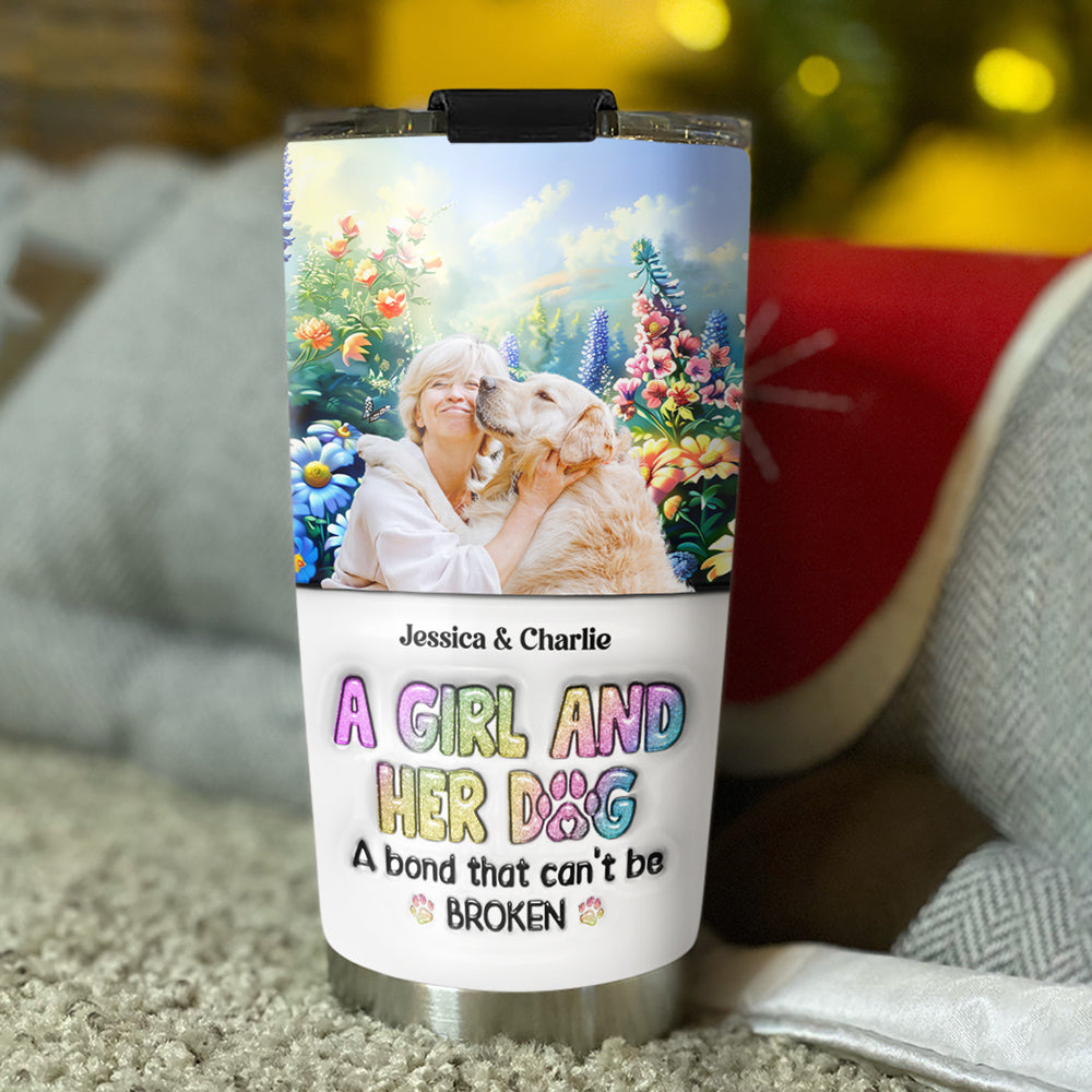 Custom Photo Christmas Birthday Gifts For Cat Mom, Cat Lovers • A Girl And Her Lovely Dog Photo - Personalized 3D Inflated Effect Tumbler