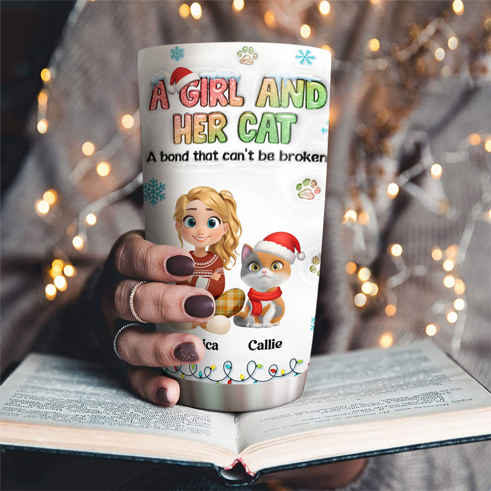 Custom Christmas Birthday Gifts For Cat Mom, Cat Lovers • A Girl And Her Lovely Cat Christmas - Personalized 3D Inflated Effect Tumbler