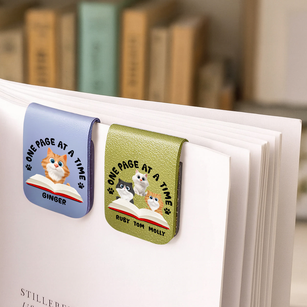 One Page Once With Cat - Personalized Leather Bookmark