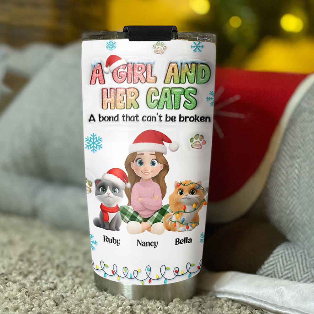 Custom Christmas Birthday Gifts For Cat Mom, Cat Lovers • A Girl And Her Lovely Cat Christmas - Personalized 3D Inflated Effect Tumbler
