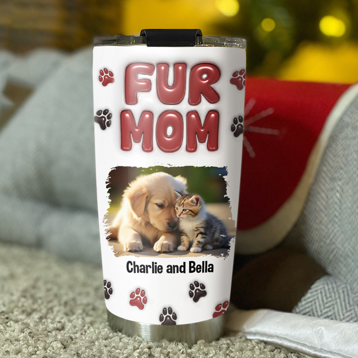 Custom Photo Mother's day Birthday Gifts For Pet Mom, Pet Lovers • Lovely Fur Mama Photo - Personalized 3D Inflated Effect Tumbler