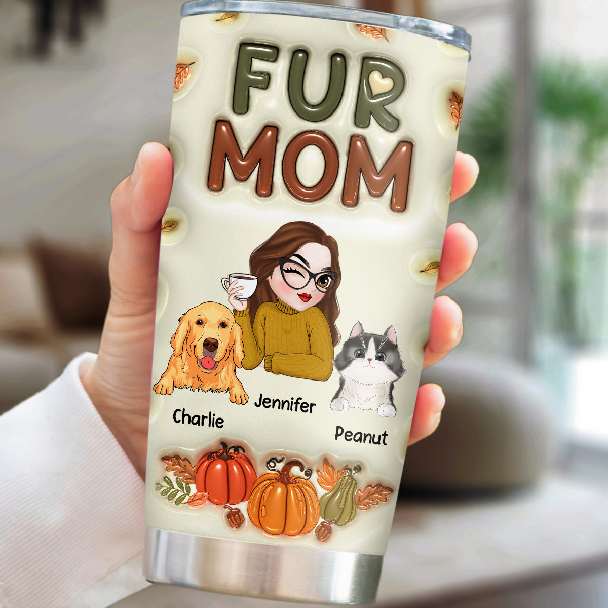 Custom Christmas Birthday Gifts For Pet Lovers • Fur Mom Autumn Version - Personalized 3D Inflated Effect Tumbler