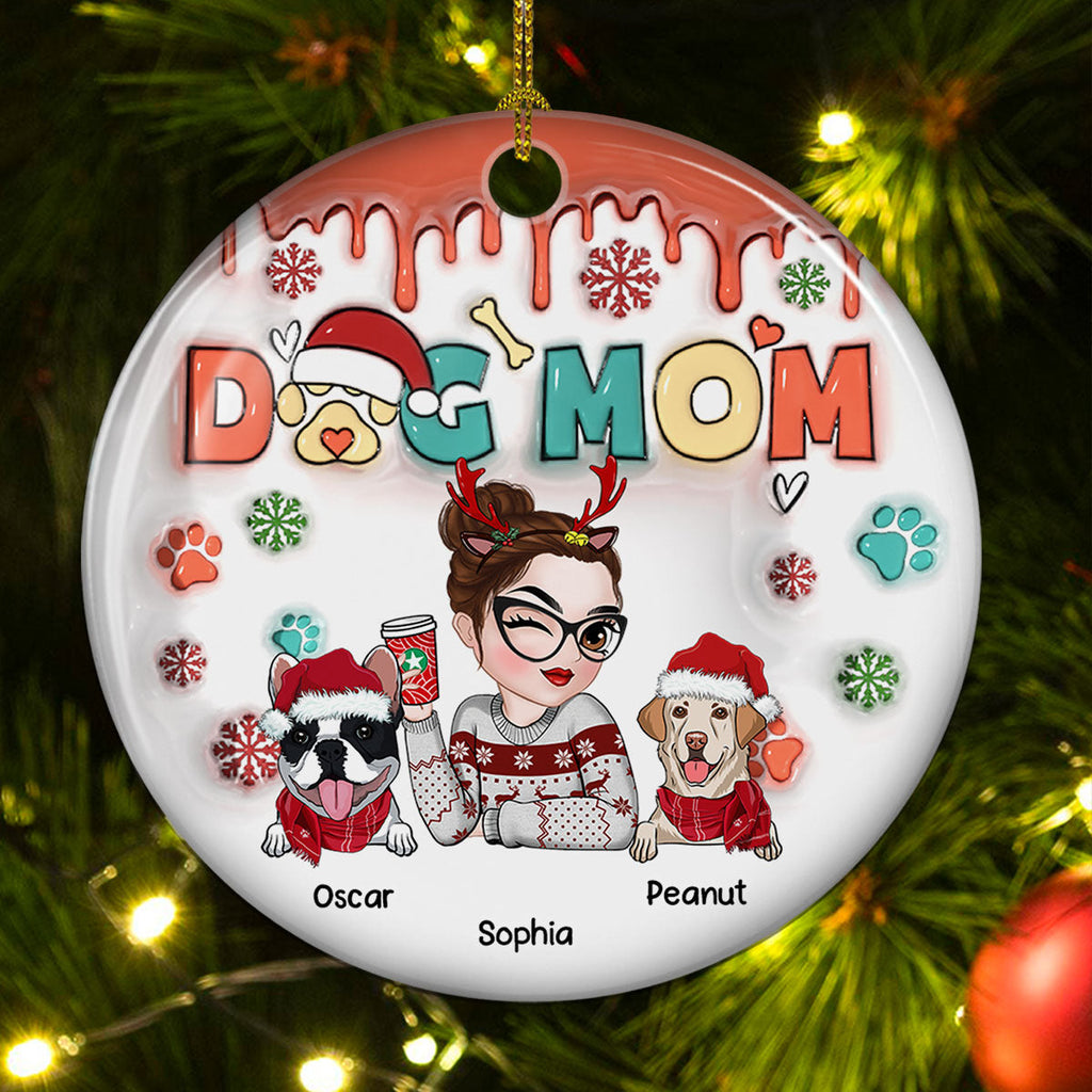 Custom Christmas Decor Home Birthday Gifts For Dog Mom, Dog Lovers • Dog Mom Christmas Paw - Personalized 3D Inflated Effect Ceramic Ornament