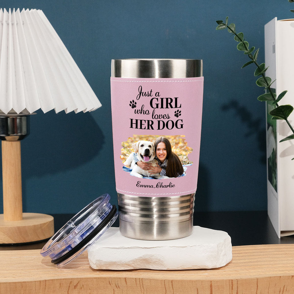 Custom Photo Christmas Birthday Gifts For Dog Mom, Dog Lovers • Pumskin Dog Autumn Photo - Personalized Pink Leather Tumbler