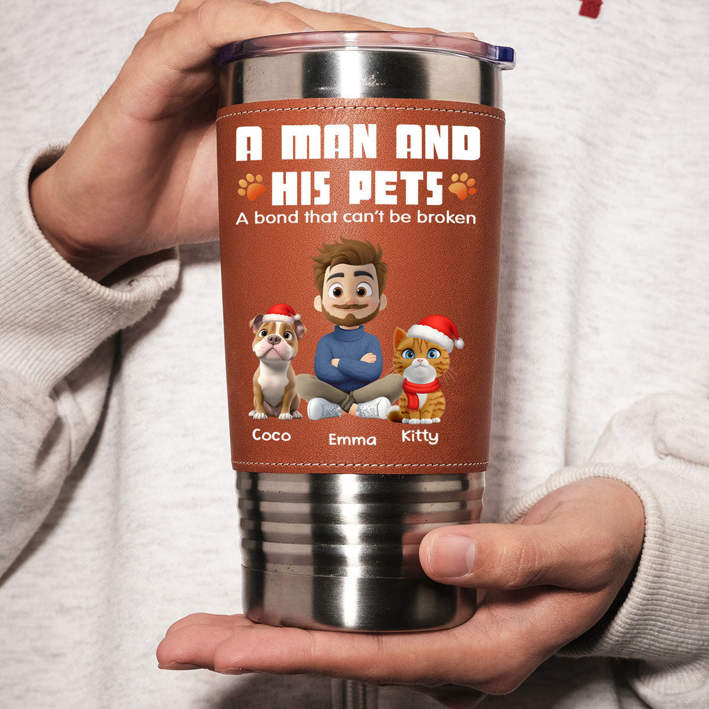 Custom Christmas Birthday Gifts For Pet Lovers • Human And Their Pet Cartoon Christmas - Personalized Leather Tumbler