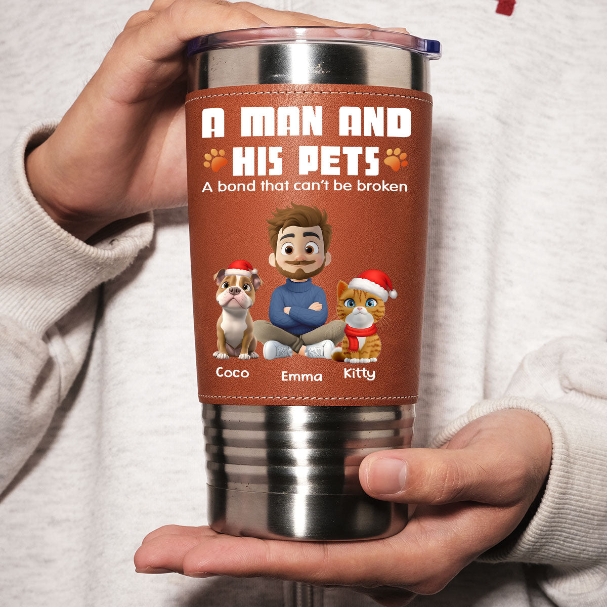 Custom Christmas Birthday Gifts For Pet Lovers • Human And Their Pet Cartoon Christmas - Personalized Leather Tumbler