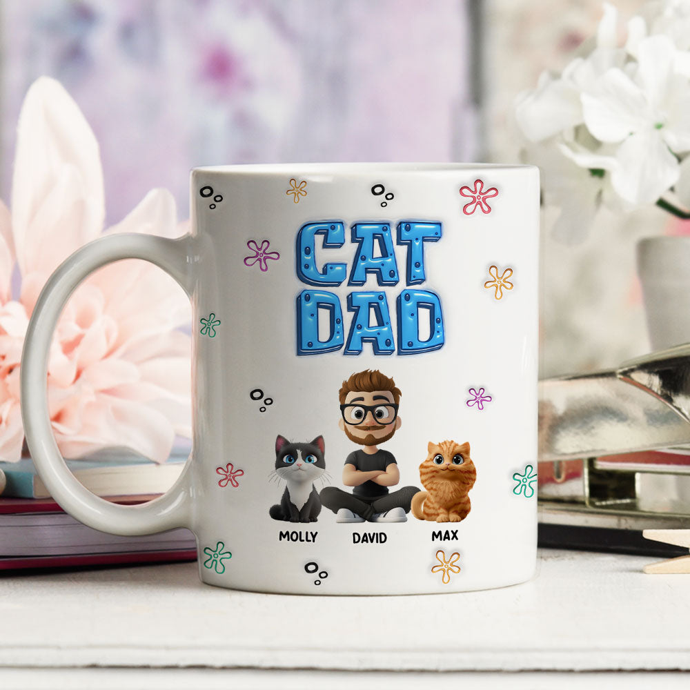 Custom Father's day Birthday Gifts For Cat Dad, Cat Lovers • Sponge Cat Dad - Personalized 3D Inflated Effect Mug