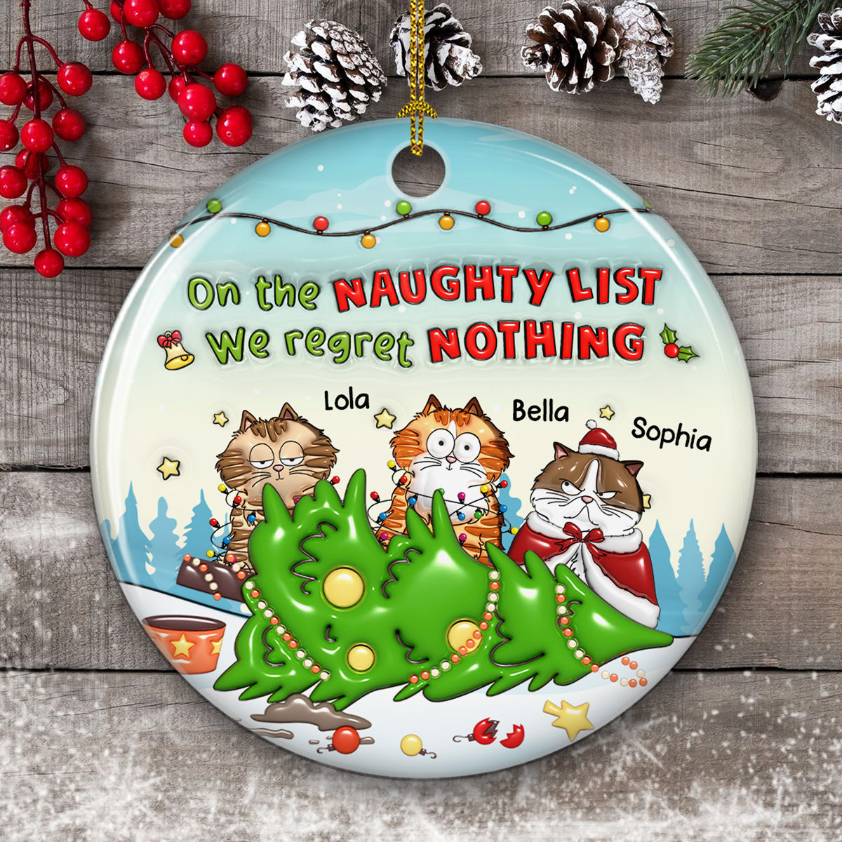 Custom Christmas Decor Home Birthday Gifts For Cat Lovers • Naughty List Catmas - Personalized 3D Inflated Effect Ceramic Ornament