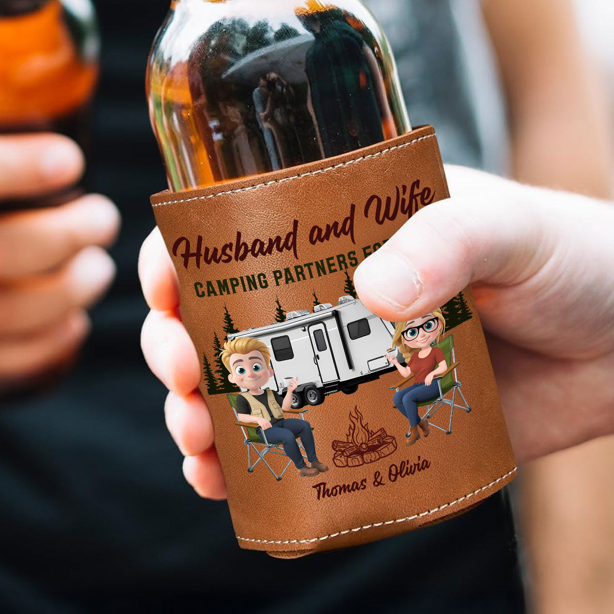 Camping Together For Life - Personalized Leather Can Cooler Holder