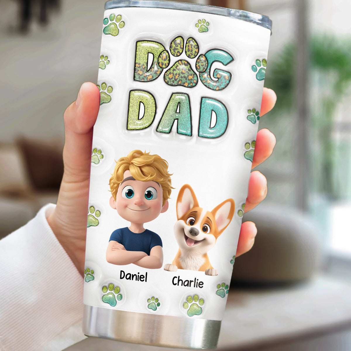 Custom Christmas Birthday Gifts For Dog Dad, Dog Lovers • Dog Dad Handsome Chibi Version 2 - Personalized 3D Inflated Effect Tumbler