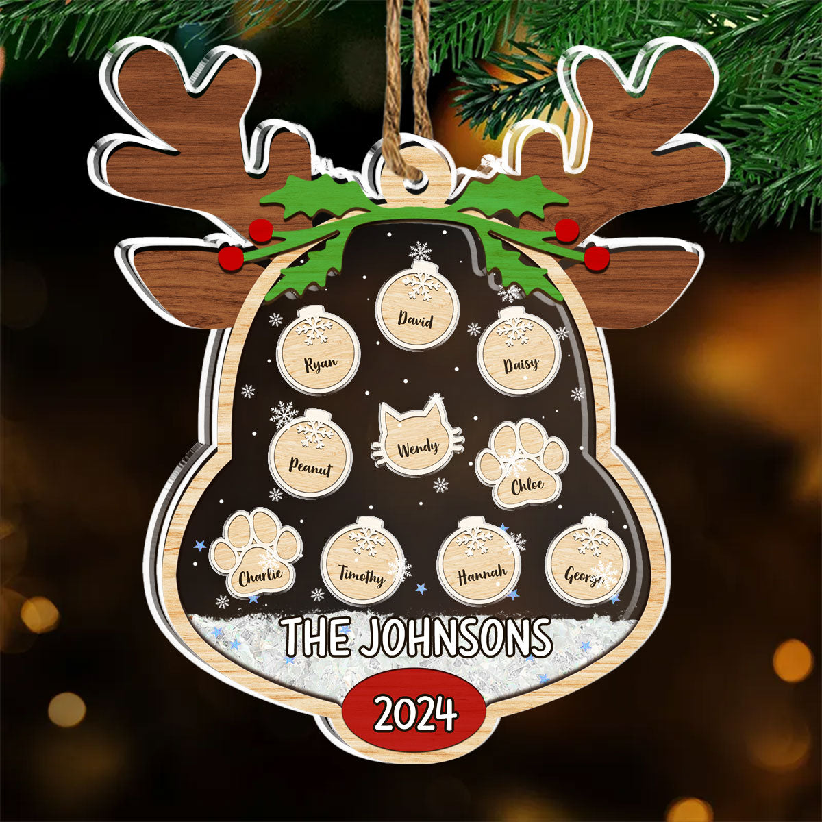 Lovely Reindeer Family - Personalized Acrylic Shaker Ornament