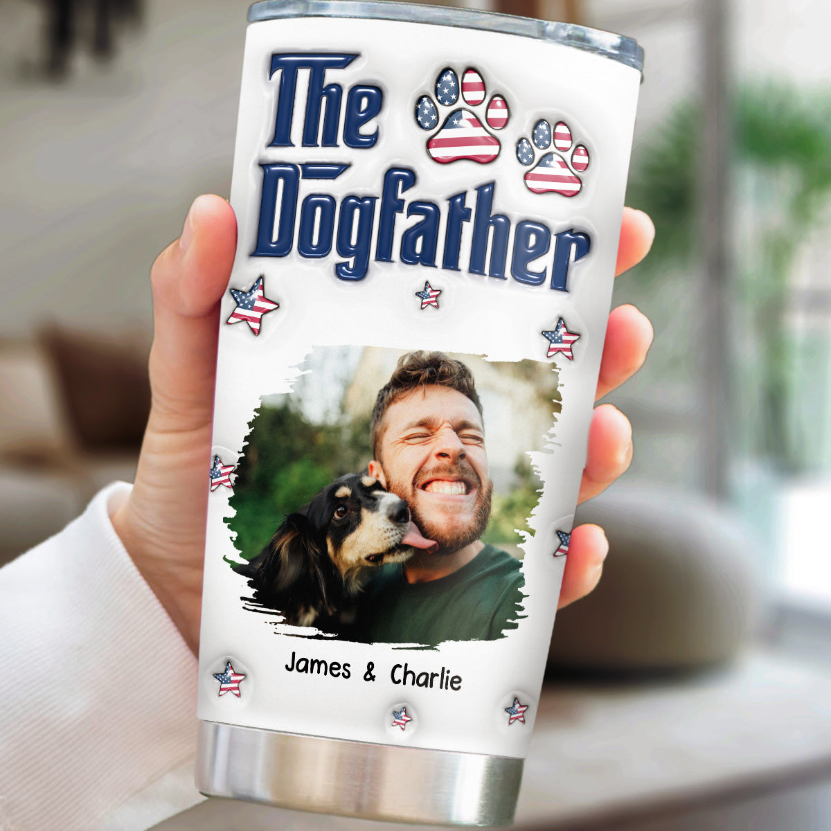 Custom Photo Christmas Birthday Gifts For Dog Dad, Dog Lovers • American Handsome Dog Dad Photo - Personalized 3D Inflated Effect Tumbler