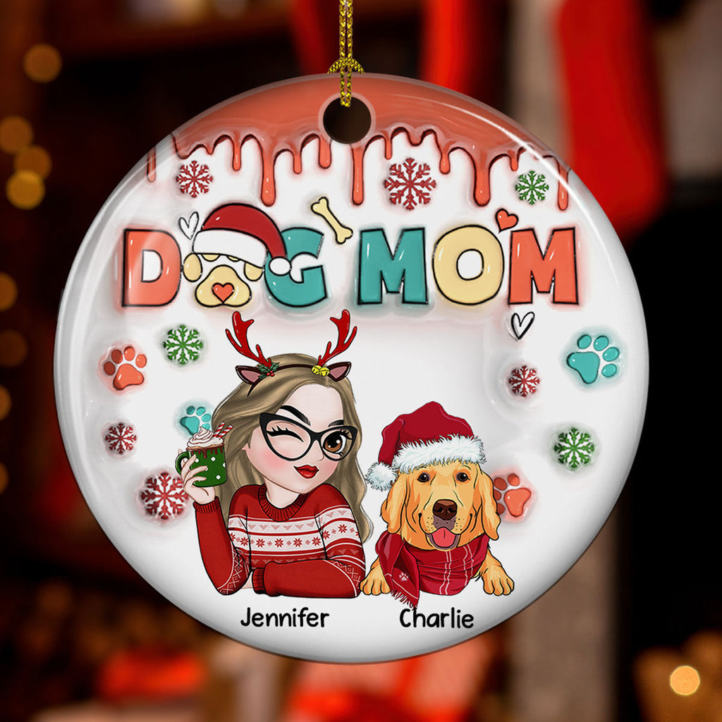 Custom Christmas Decor Home Birthday Gifts For Dog Mom, Dog Lovers • Dog Mom Christmas Paw - Personalized 3D Inflated Effect Ceramic Ornament