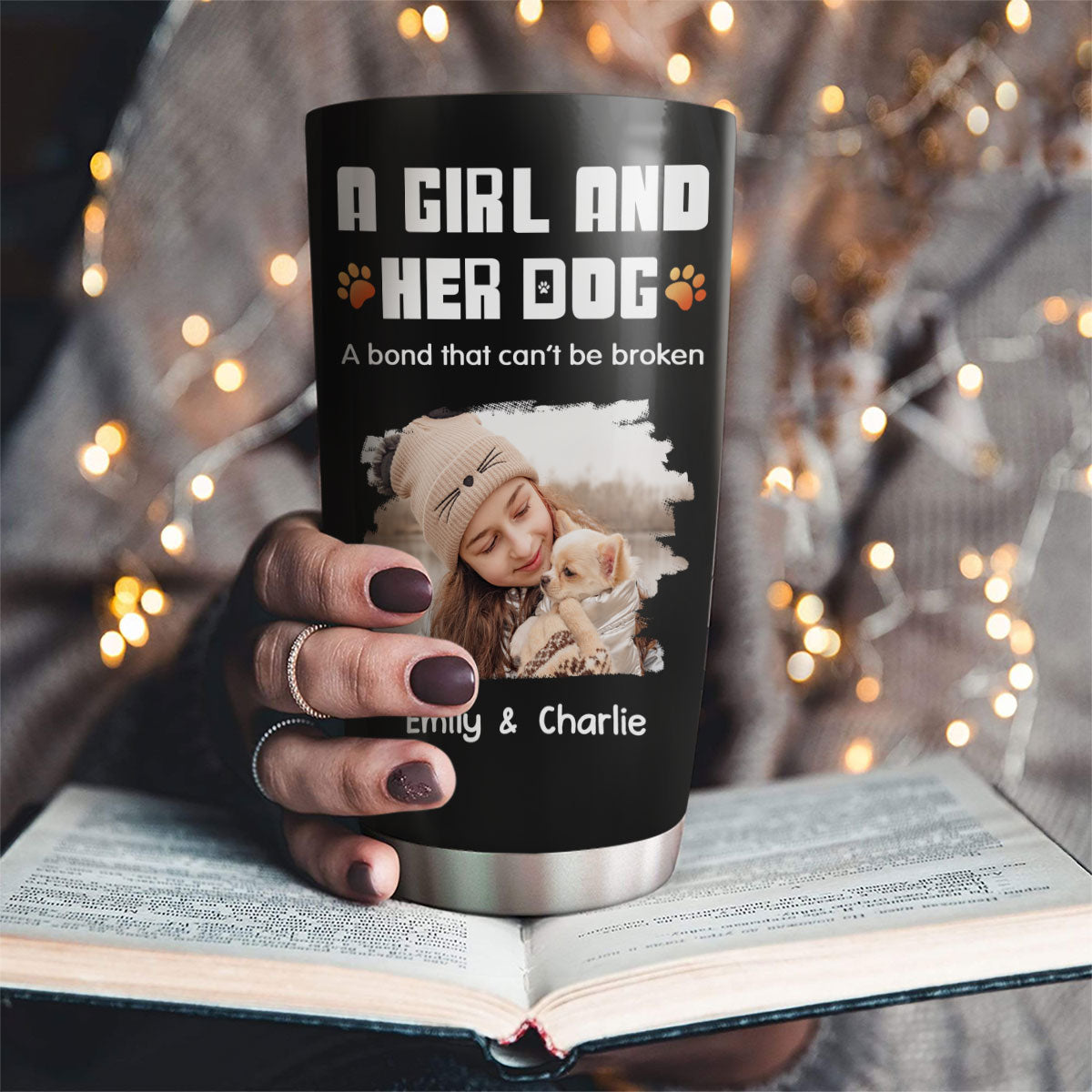 Custom Photo Christmas Birthday Gifts For Dog Lovers • Human And Their Dog Cartoon Christmas Photo - Personalized Tumbler