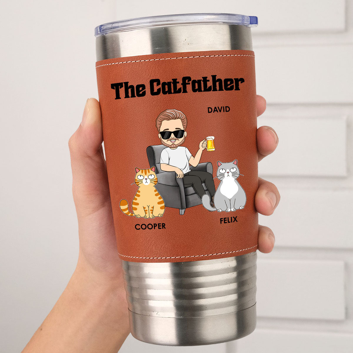 Custom Father's day Birthday Gifts For Dog Dad, Dog Lovers • The Catfather - Personalized Leather Tumbler