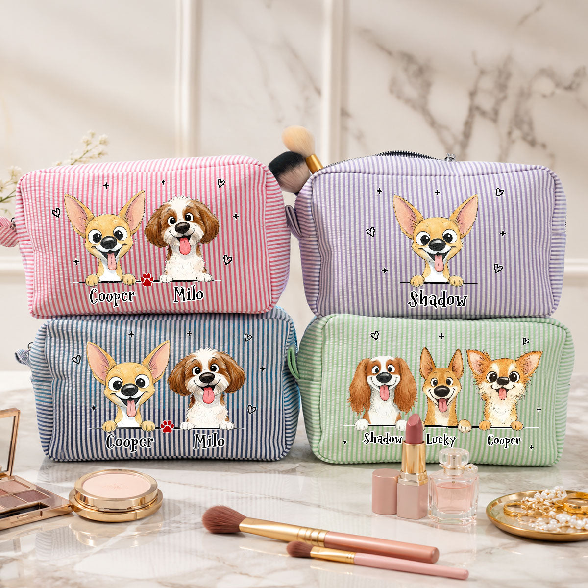 Dog Lover Gift - Personalized Seersucker Print Makeup Bag