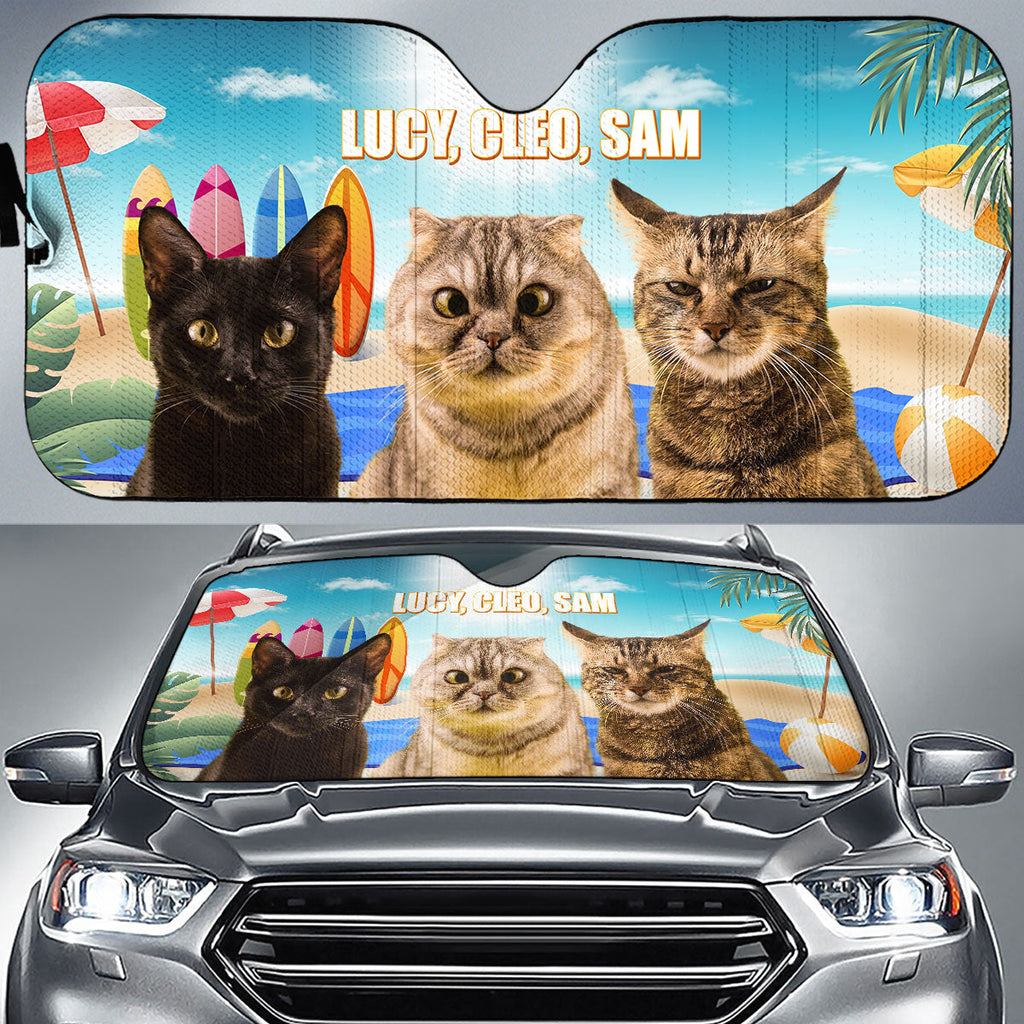 Custom Christmas Birthday Gifts Car Accessories for Cat Parents • Cat And Beach Photo - Personalized Car Sunshade