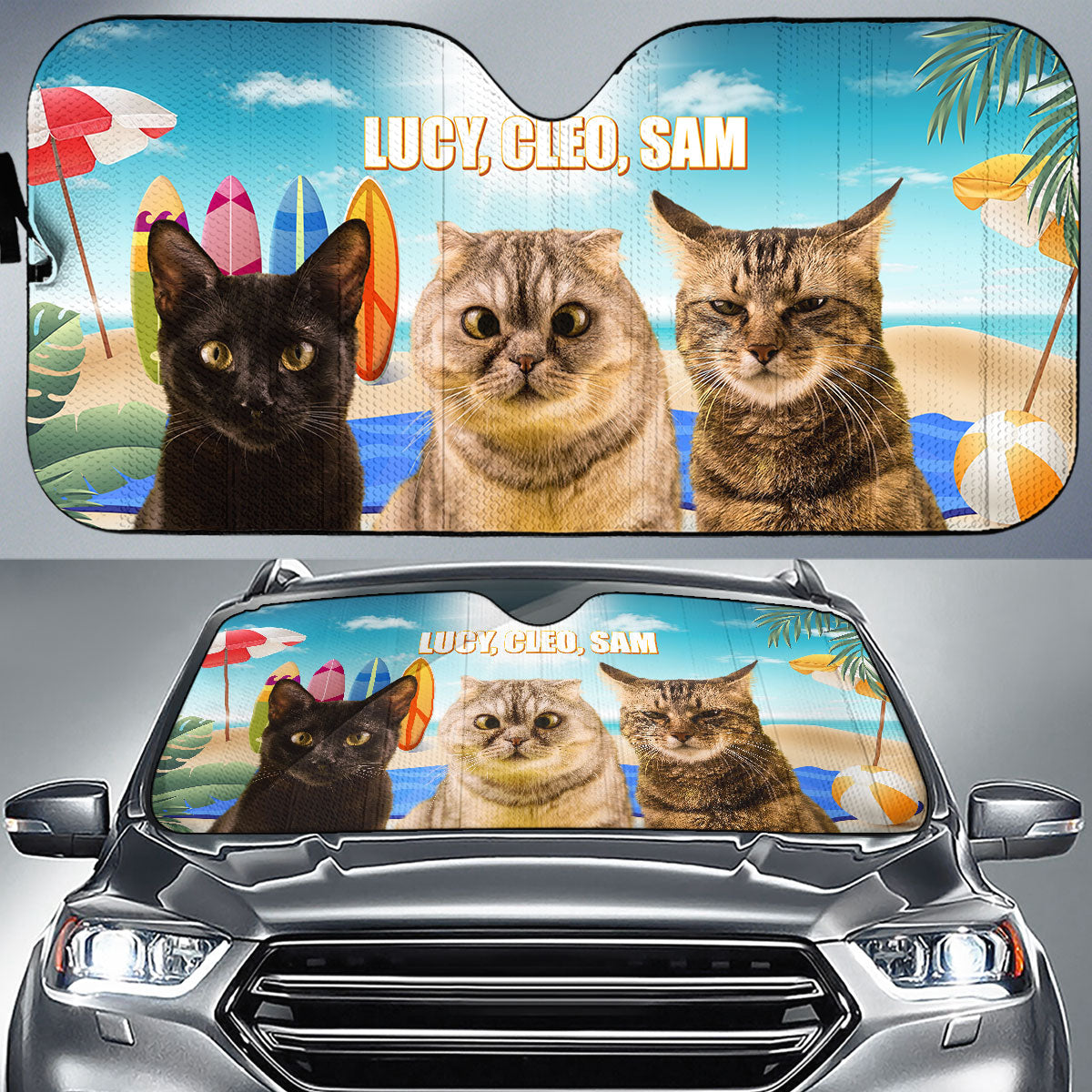 Custom Christmas Birthday Gifts Car Accessories for Cat Parents • Cat And Beach Photo - Personalized Car Sunshade