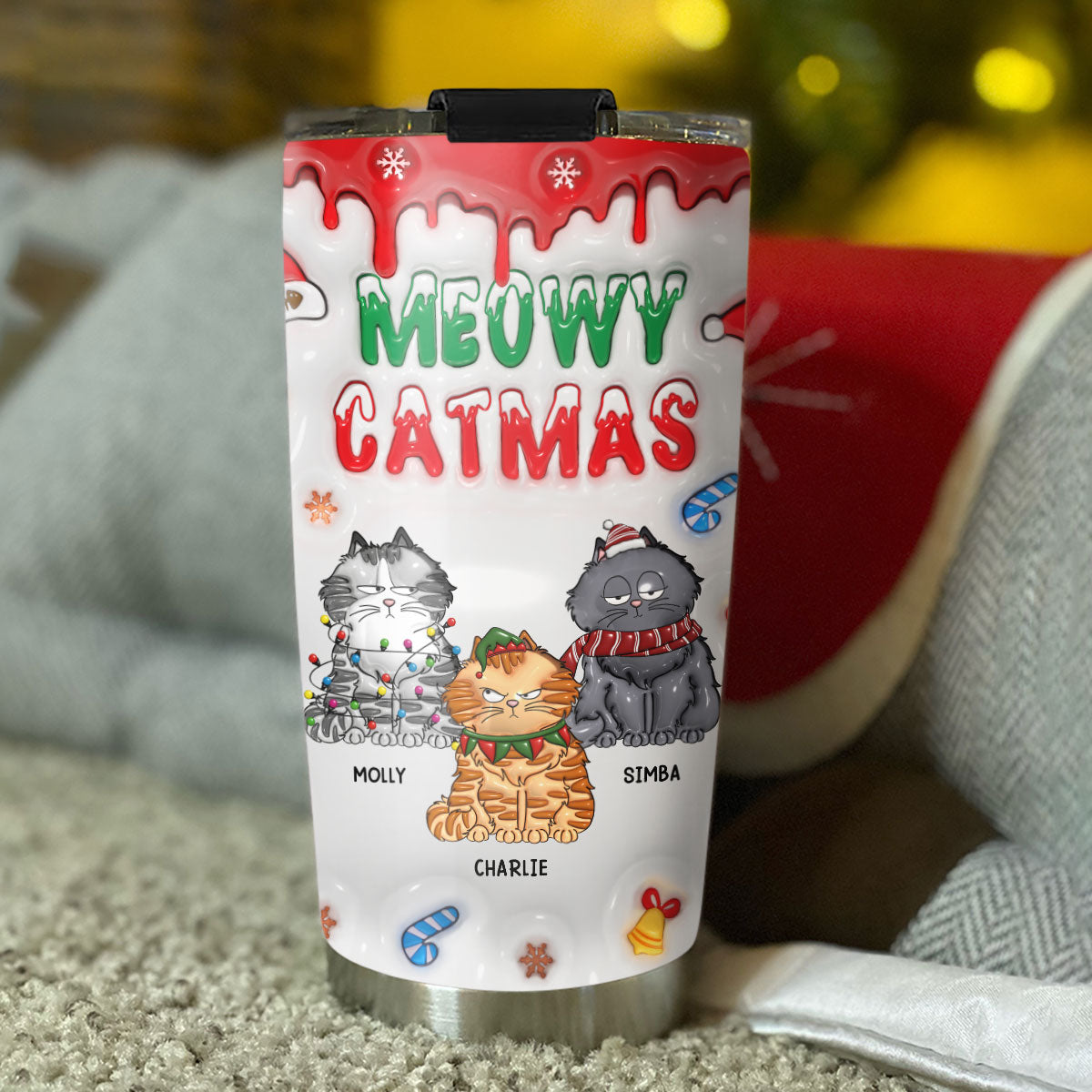 Custom Christmas Birthday Gifts For Pet Lovers • Meowy Christmas - Personalized 3D Inflated Effect Tumbler