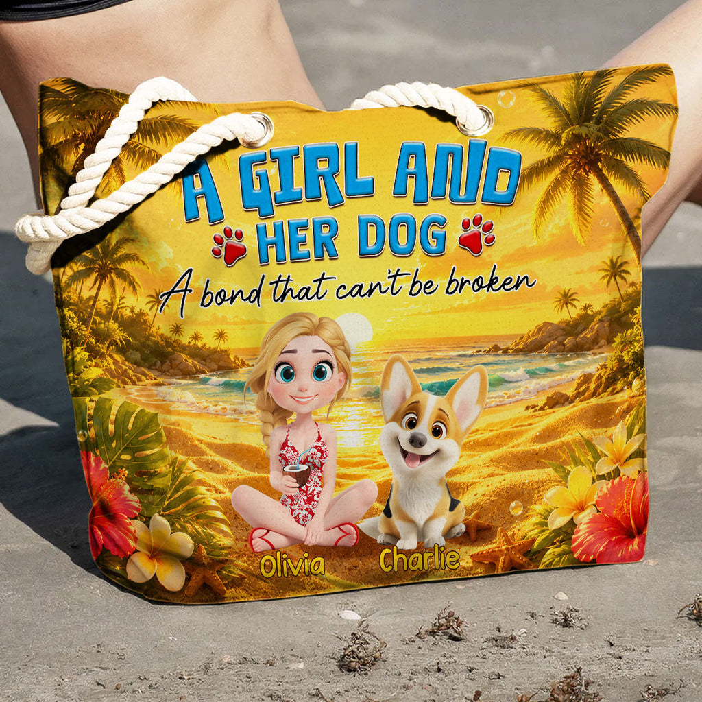 Girl And Dog On Beach - Personalized Beach Bag