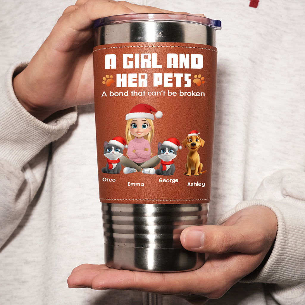 Custom Christmas Birthday Gifts For Pet Lovers • Human And Their Pet Cartoon Christmas - Personalized Leather Tumbler