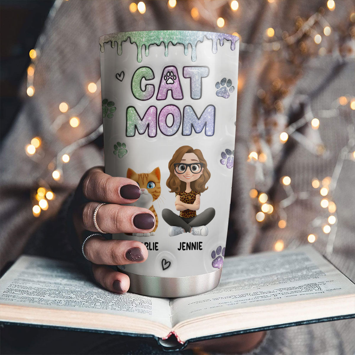 Custom Christmas Birthday Gifts For Cat Mom, Cat Lovers • Lovely Chibi Cat Mom - Personalized 3D Inflated Effect Tumbler