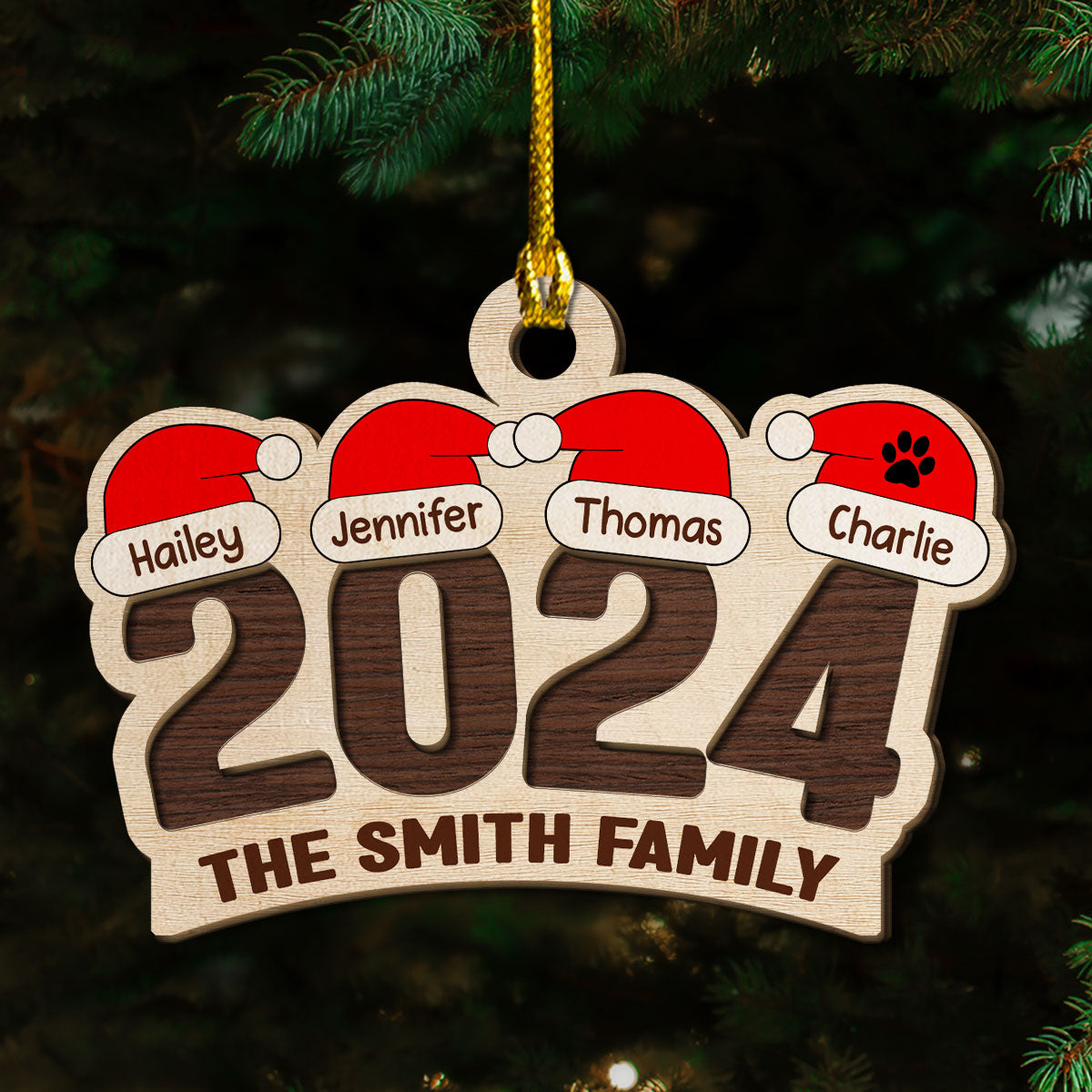 Family Santa Hat - Personalized 2-Layered Wood Ornament
