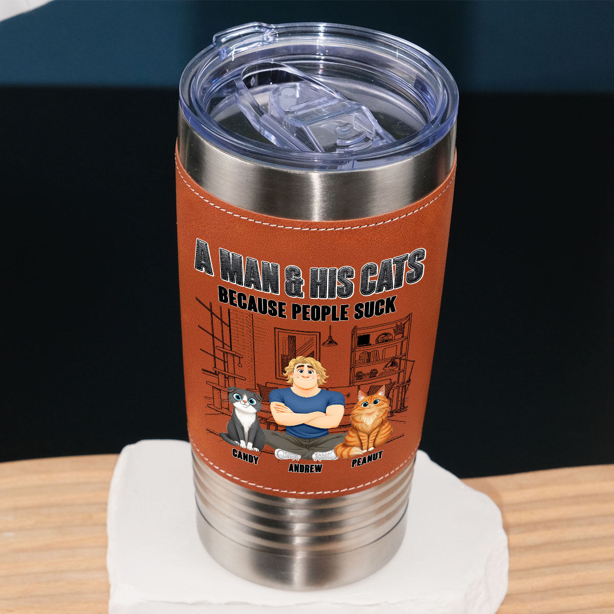 Custom Father's day Birthday Gifts For Cat Dad, Cat Lovers • Cat Over People - Personalized Leather Tumbler
