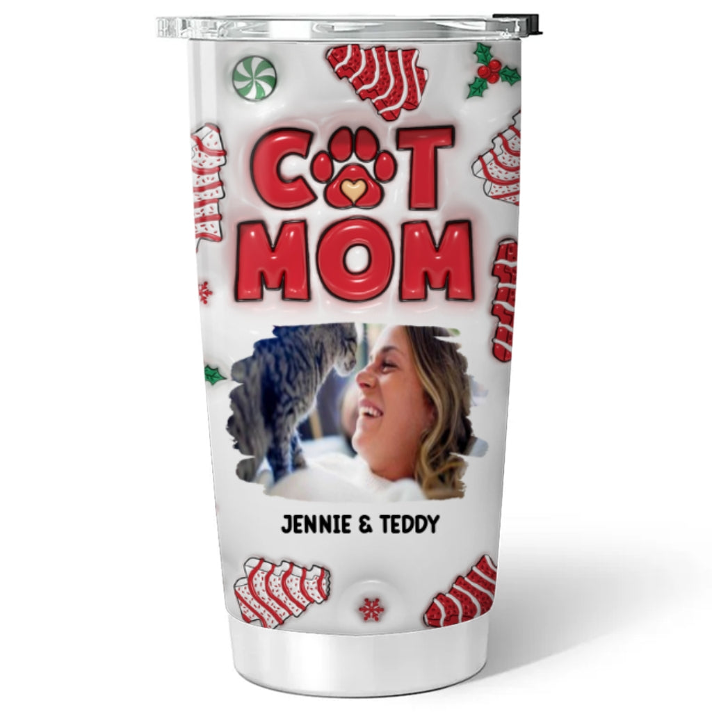 Custom Christmas Birthday Gifts For Pet Lovers • Cat Mom Christmas Cake Photo - Personalized 3D Inflated Effect Tumbler