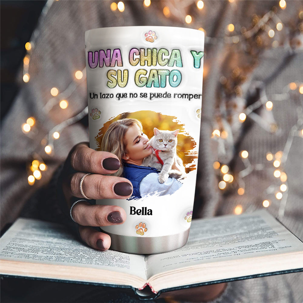 Custom Photo Christmas Birthday Gifts For Cat Mom, Cat Lovers • Foto de una chica y su gato – Vaso térmico personalizado con efecto 3D inflado