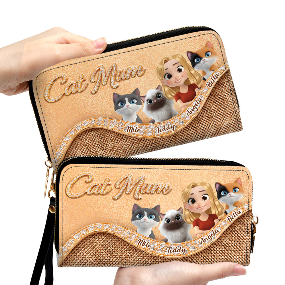 Gold Chibi Cat Mom - Personalized Leather Wallet