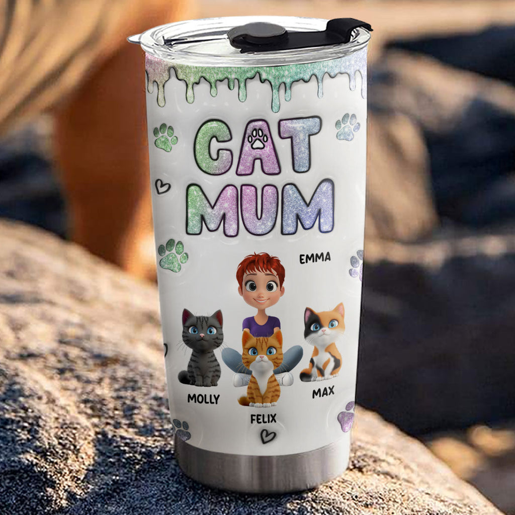 Custom Christmas Birthday Gifts For Cat Mom, Cat Lovers • Lovely Chibi Cat Mom - Personalized 3D Inflated Effect Tumbler
