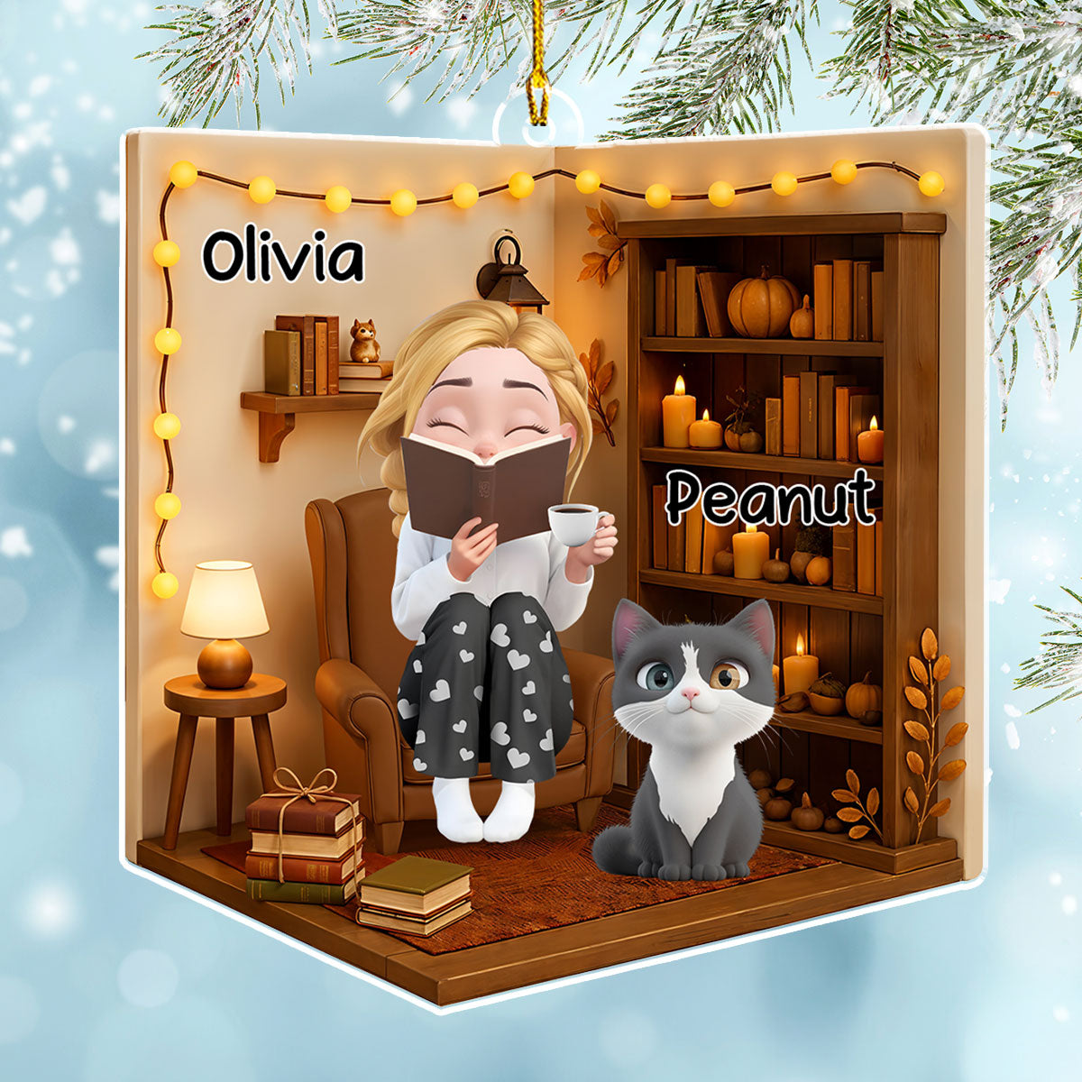 Custom Christmas Decor Home Birthday Gifts For Cat Lovers • Reading Girly And Her Cats - Personalized 3D Effect Acrylic Ornament