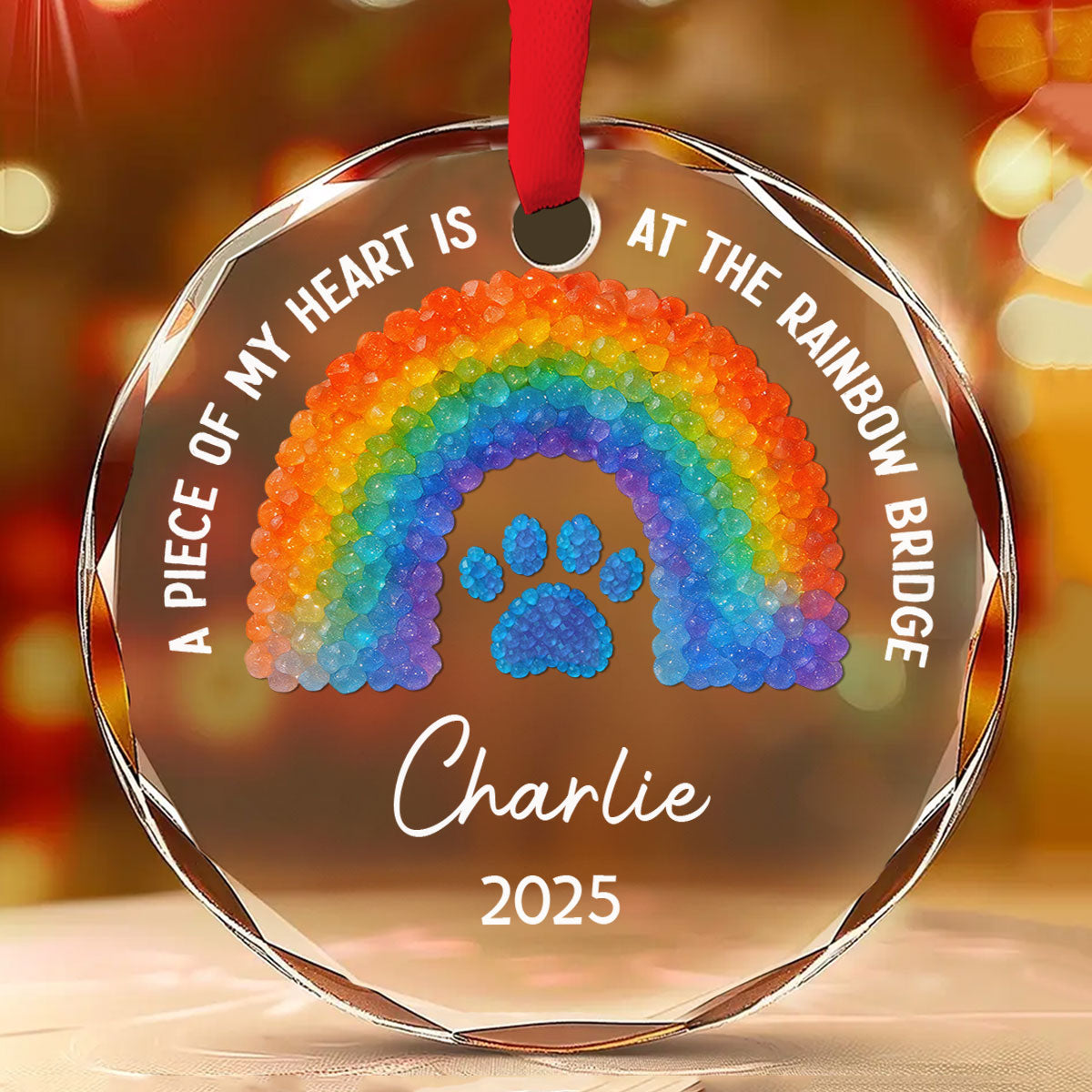 Custom Christmas Memorial Sympathy Gifts For Dogs, Cats • At Rainbow Bridge - Personalized Glass Ornament