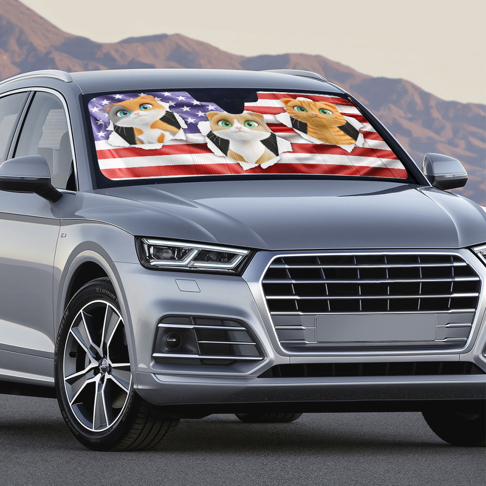 Custom Christmas Birthday Gifts Car Accessories for Cat Parents • God Bless My America - Personalized Car Sunshade