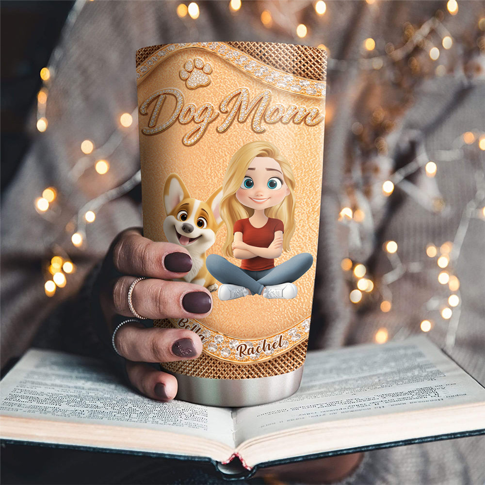 Custom Christmas Birthday Gifts For Dog Mom, Dog Lovers • Gold Chibi Dog Mom - Personalized 3D Effect Tumbler