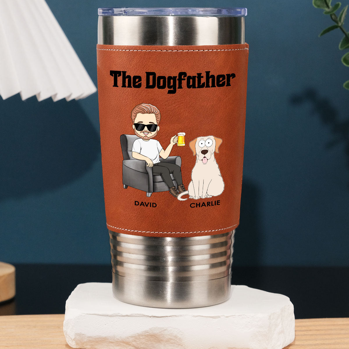 Custom Father's day Birthday Gifts For Dog Dad, Dog Lovers • The Dogfather - Personalized Leather Tumbler