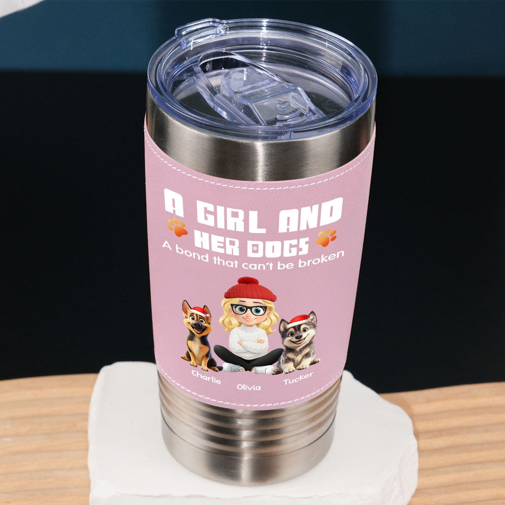 Custom Christmas Birthday Gifts For Dog Mom, Dog Lovers • Human And Their Dog Cartoon Christmas Ver Woman - Personalized Pink Leather Tumbler