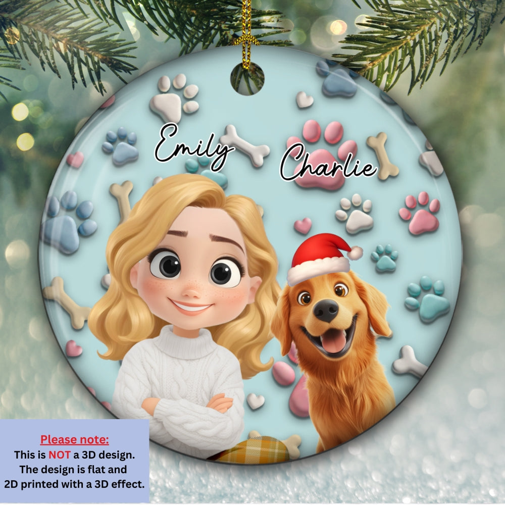 Custom Christmas Decor Home Birthday Gifts For Dog Mom, Dog Lovers • Dog And Human Cartoon - Personalized 3D Effect Ceramic Ornament