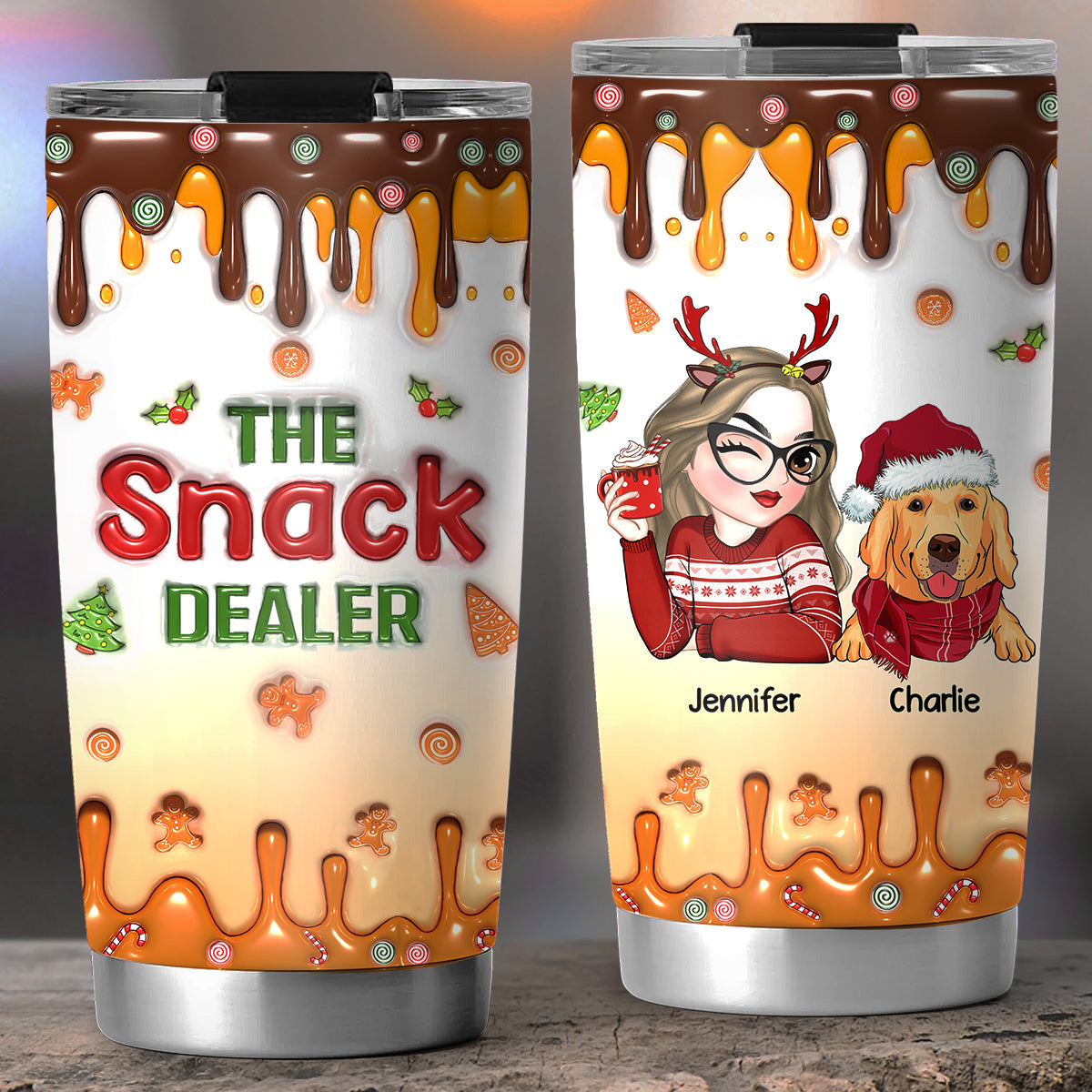 Custom Mother's day Birthday Gifts For Dog Mom, Dog Lovers • Merry Christmas The Snack Dealer - Personalized 3D Inflated Effect Tumbler